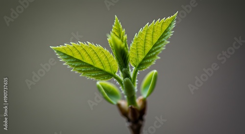 Close-up of vibrant green new leaves emerging from a branch. Soft, blurred background