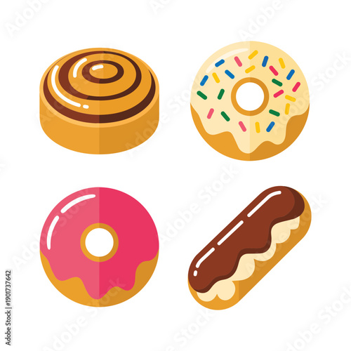 Assorted donuts and pastries, iced ring, chocolate eclair, cinnamon roll, sweet fair poster element, breakfast market banner, dessert vector