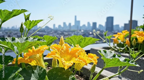 flower pumpkin. A vibrant rooftop garden showcases bright yellow flowers amidst lush green leaves, set against an urban skyline under clear blue skies, merging nature with city life