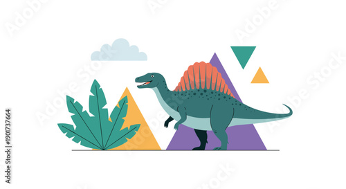 Impressive Spinosaurus dinosaur illustration standing majestically amidst lush tropical leaves and abstract geometric shapes in the background.