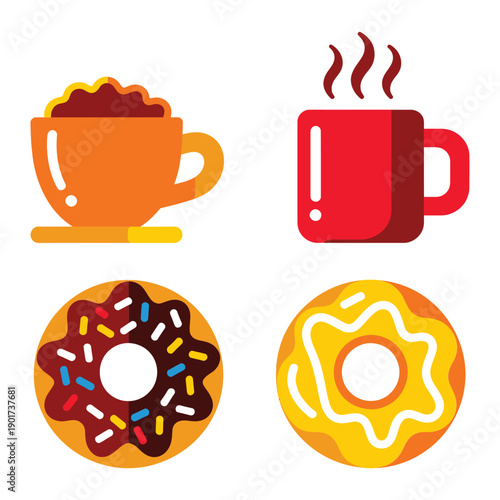 Coffee and donuts morning social, community meetup poster, caffeinated chat session, pastry selection graphic, breakfast club event branding vector