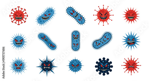 Diverse collection of cartoon viruses and bacteria with angry faces, rendered in striking red and blue colors, symbolizing disease and infection.