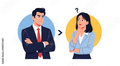 Visual comparison between a confident, stern man with crossed arms and a confused woman with a question mark, representing a communication gap.