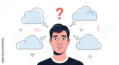 Thoughtful man with a prominent question mark above his head and cloud-shaped thought bubbles, symbolizing deep confusion or contemplation.