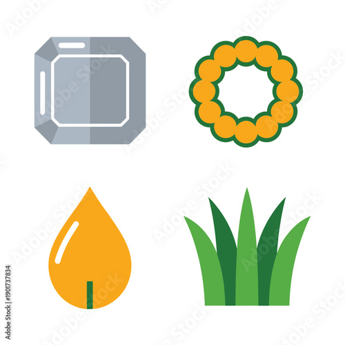 Memorial symbols vector set with granite plaque, funeral wreath, tear drop, grass leaves, remembrance ceremony icons for tribute card design