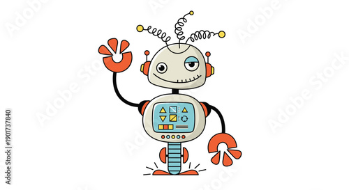 Adorable and quirky robot character designed with springs and visible gears, cheerfully waving, symbolizing friendly technology and innovation.