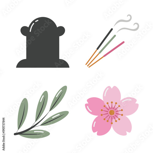 Grave marker with incense sticks, olive leaves, sakura flower, ancestor remembrance vector for memorial service poster, condolence card design