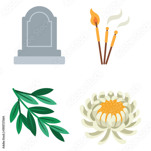 Gravestone and incense stick icons with laurel leaves and chrysanthemum flower, remembrance day vector for funeral program, sympathy card design
