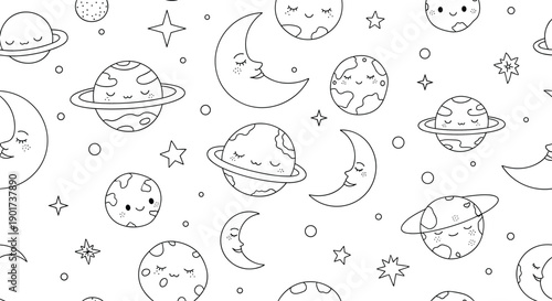 Peaceful seamless pattern featuring outline illustrations of sleeping planets, crescent moons, and stars, creating a dreamy celestial theme.