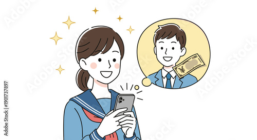 Happy Japanese schoolgirl smiling while looking at her smartphone, envisioning a smiling man with Japanese Yen, symbolizing financial success.