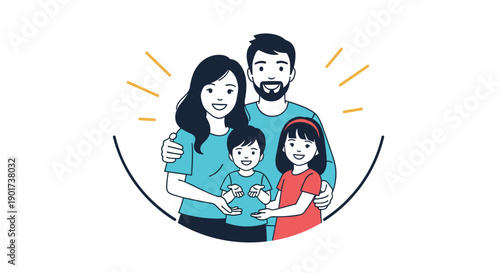 Joyful family portrait of happy parents and their two smiling children hugging warmly, surrounded by a subtle shining aura, symbolizing family unity.