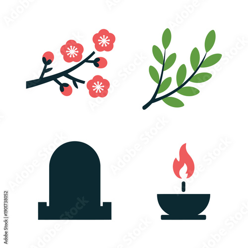 Gravestone silhouette with oil lamp, cherry blossom sprig and leaves, ancestor remembrance vector for memorial card, tribute poster, vigil ceremony