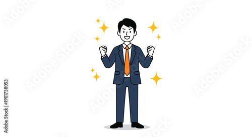 Enthusiastic Japanese businessman celebrating with joy, clenching his fists in triumph amidst a sparkling background, symbolizing success and motivation.