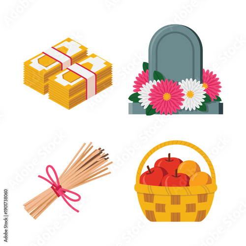 Offerings collection with spirit money, incense bundle, fruit basket, gravestone with flowers, ancestor worship vector icons for memorial ceremony