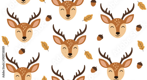 Charming seamless pattern featuring adorable deer faces with antlers, beautifully scattered with autumnal leaves and acorns.