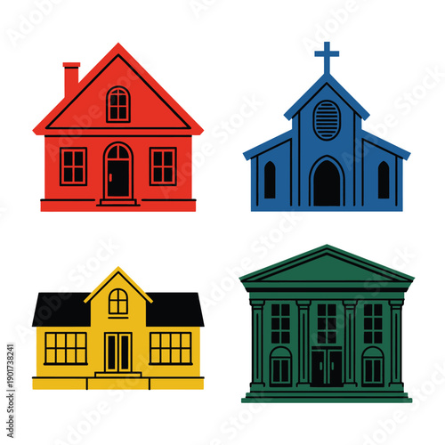 Heritage landmarks icons, red house museum, blue chapel, yellow manor, courthouse facade, heritage tour session, docent talk, preservation workshop schedule