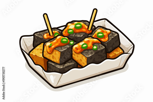 Stinky Tofu Flat vector illustration of Hong Kong stinky tofu, deep-fried tofu cubes in paper tray with toothpicks, simplified flat vector shapes, modern icon style