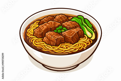 Beef Brisket Noodles

Flat vector illustration of Hong Kong beef brisket noodles, egg noodles with large chunks of braised beef brisket, dark soy broth, bok choy garnish,