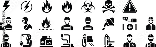 Health and safety icons including warnings, fire hazards, biohazard, protective gear, medical personnel, security cameras, first aid, and safety equipment symbols.