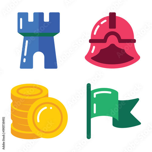 Strategy camp icons, rook tower piece, warrior helmet, coin reward stack, victory flag marker, board game session vector graphic