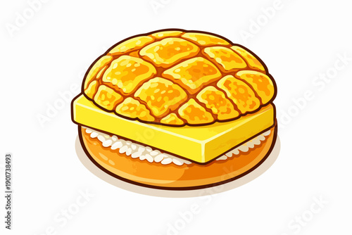 Pineapple Bun with Butter Flat vector illustration of Hong Kong pineapple bun with thick slab of butter inside, bun sliced horizontally, bright yellow butter, simple flat vector design, modern bakery 