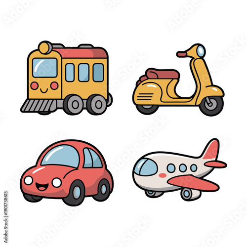 Cute transport clipart icons with trolley bus, scooter, red car and small airplane, suitable for kids education, travel banner, stickers