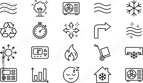 HVAC air conditioning ventilation icons set including cooling, heating, airflow, thermostat, eco recycling, efficiency, temperature control symbols for home appliances