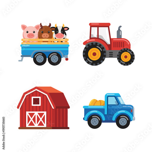 Farm vehicle icons with animal trailer, red tractor, blue pickup and barn, ideal for harvest festival posters, kids farm games