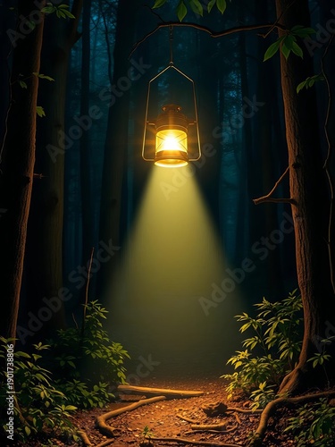 The lantern's beam carves a safe passage through the oppressive darkness of the woods, embodying leadership, leadership,  safety