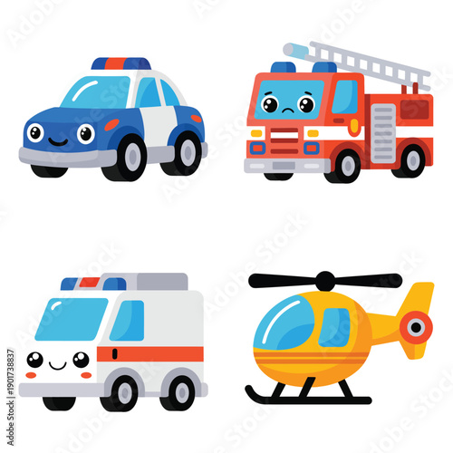 Ambulance, police car, fire engine and helicopter icons, emergency response vehicle set for kids education, rescue poster, safety lesson design