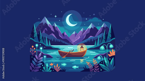 Night Lake Landscape Illustration with Boat, Mountains, Crescent Moon, and Glowing Plants. Serene Flat Design Vector