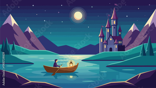Dreamy Night Lake Scene: Lone Rower with Lantern Approaching Fairytale Castle Under Moonlight & Stars