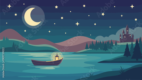 Serene Moonlit Night Lake Scene with Boat, Glowing Lantern, Stars, Hills, and Distant Castle Silhouette