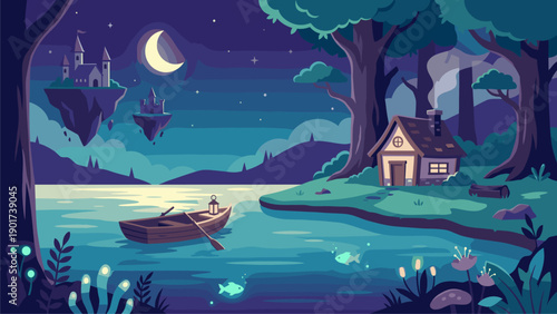Dreamy Night Landscape: Lake, Cozy Cottage, Floating Islands & Castles under Moonlit Sky