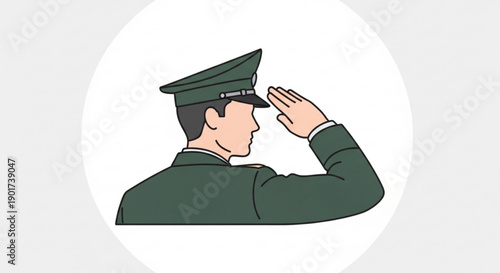Military man saluting with right hand in green uniform and cap on white background