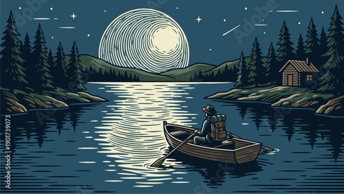Serene Moonlit Lake Night: Lone Rower, Cabin & Forest Landscape Illustration