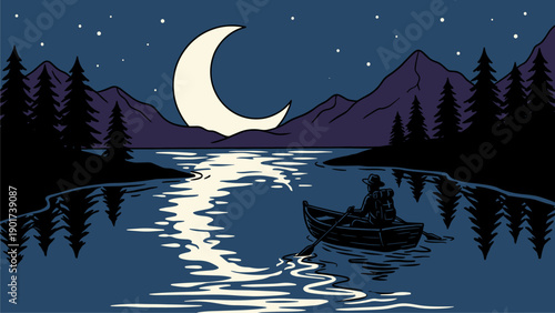 Night Lake Landscape: Lone Rower Under Crescent Moon with Mountain Silhouette and Starry Sky