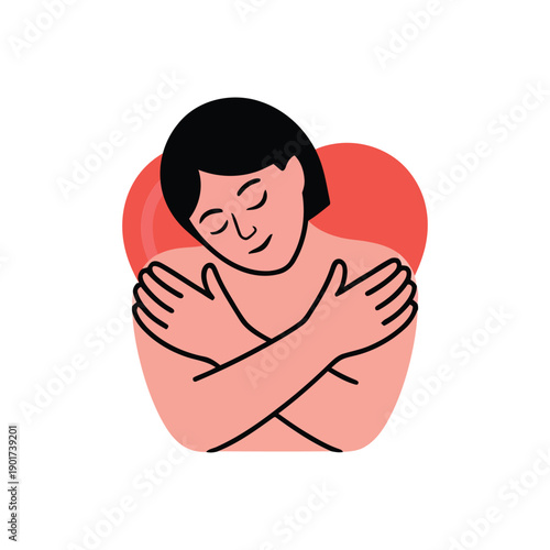 Self compassion illustration, person hugging self with heart background, mental wellness day poster, affirmation practice session, counseling resources guide