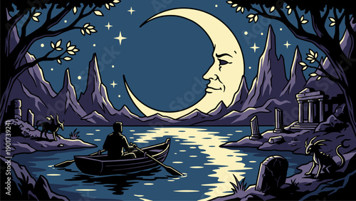 Mystical Moonlit Journey: Solitary Rower on a Lake Under a Crescent Moon with a Face