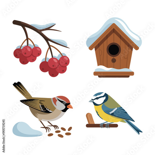 Garden birdwatch postcard, birdhouse with berries, sparrow and tit in snow, winter nature club meet, field observation session schedule