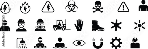 Industrial safety and hazard icon set featuring PPE, warning signs, biohazards, electrical risks, protective gear, emergency response, and workplace safety.