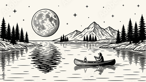Full moon night canoeing on a lake with mountains and forest. Vintage outdoor adventure nature illustration.