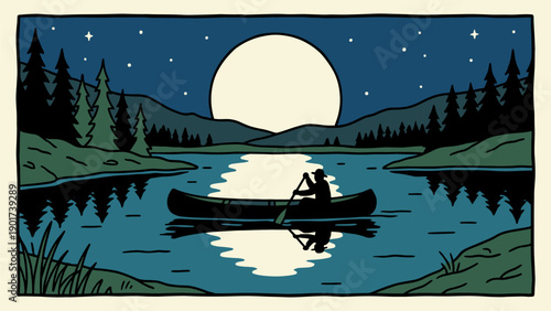 Night Canoe Ride on Serene Lake Under Full Moon and Stars. Couple Paddling Through Forest Landscape. Outdoor Adventure Illustration.