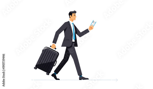 A businessman walking with a suitcase and tickets in hand