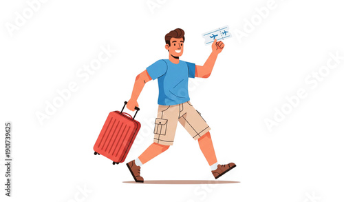 A cartoon man running with a suitcase and airplane ticket in hand