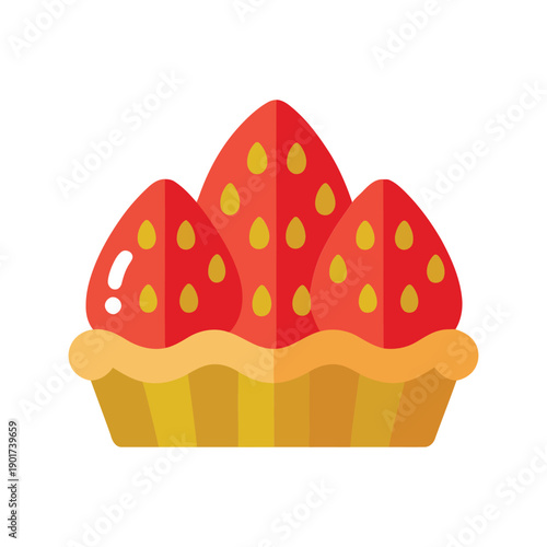 Fresh strawberry tart illustration with golden crust and glossy berries, sweet bakery dessert icon for summer menu, farmers market graphics