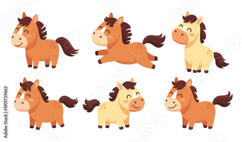 A set of cartoon horses in various playful poses and colors