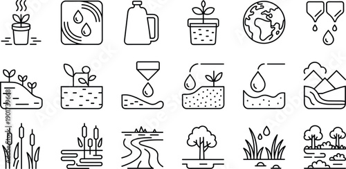 Line icon set representing plant growth stages, watering, soil preparation, water drops, Earth, wetlands, trees, grass, and natural landscapes in outline style.