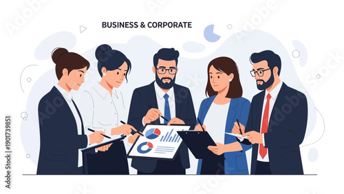 Diverse business team collaborating on financial report, analyzing charts in meeting.