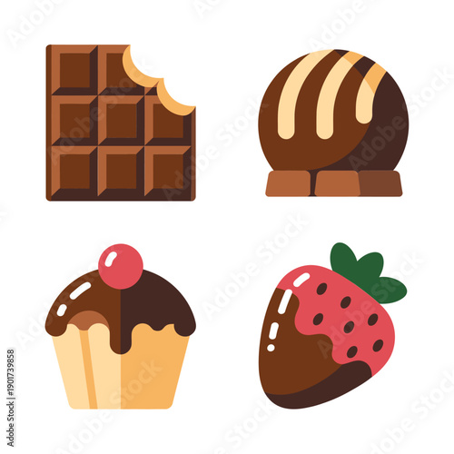 Bakery chocolate treat vector collection with bar, bonbon, cherry cupcake, chocolate strawberry, dessert icons for menu, sticker, branding design